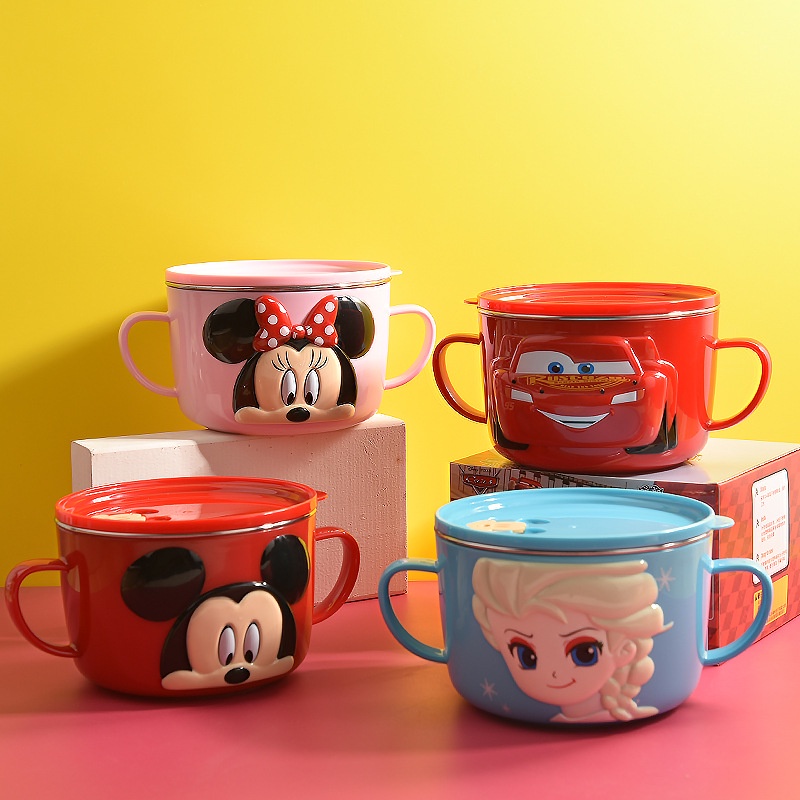 Tô chén ăn inox giữ nhiệt Disney nổi 3D có 2 tay cầm 620ml Frozen Car Mickey Minnie cho trẻ em
