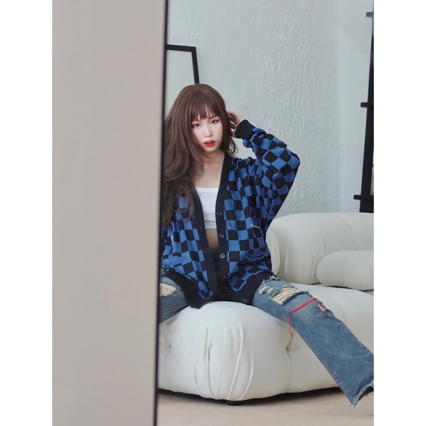 Áo Khoác Nam Nữ Cardigan Màu Caro Đen Xanh Thêu Logo Chất Nỉ Oversized Thương Hiệu By Xfire CARD-CARNI-BC622