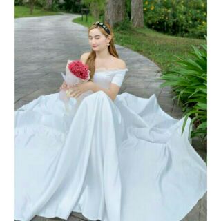 (free chỉnh sửa váy) đầm dạ hội trắng bẹt vai có tay, chụp hình cưới Hàn Quốc đơn giản váy xòe đính hôn