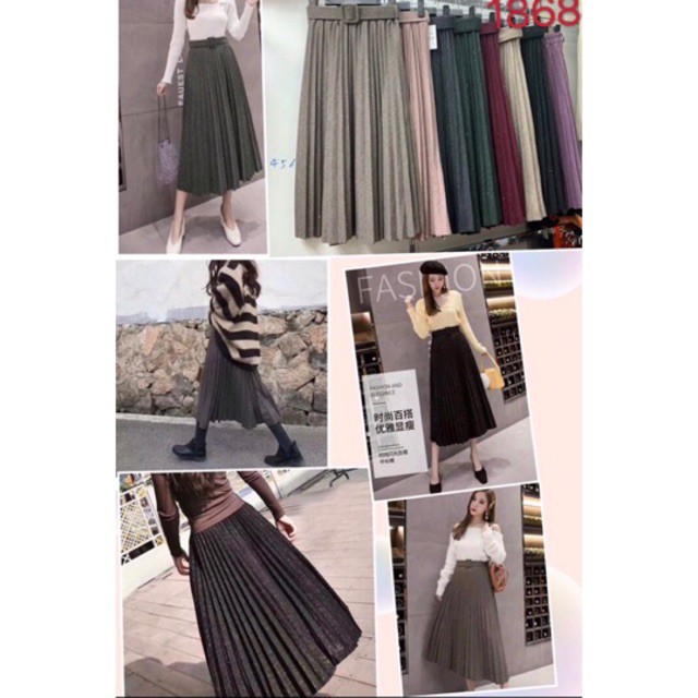 Chân váy dạ nhũ xếp ly dáng dài kèm đai hàng Quảng Châu hot hit | BigBuy360 - bigbuy360.vn