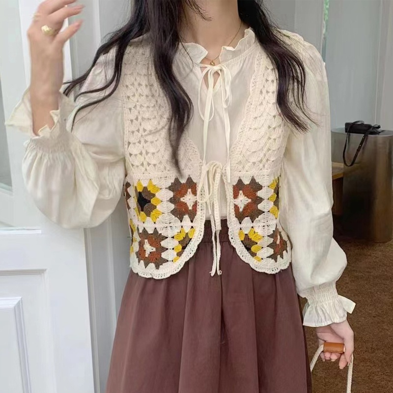 Xiangbao Áo Khoác Ghi Lê Dệt Kim Không Tay Thêu Họa Tiết Caro Cổ Điển Cho Nữ