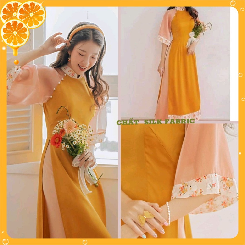 ÁO DÀI CÁCH TÂN NỮ THIẾT KẾ ĐÍNH NGỌC TAY PHỐI TƠ HOA NHÍ MÀU VÀNG ÁO DÀI TRUYỀN THỐNG NỮ SINH MAY SẴN