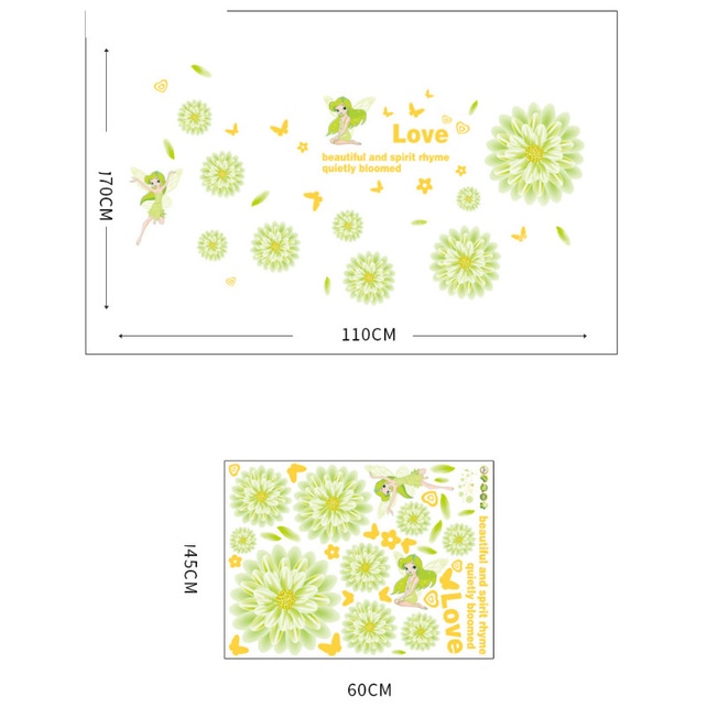 Decal trang trí tường - Bông cúc xanh lá và cô tiên