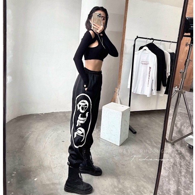 Quần Jogger trắng đen in hình chất lừkèm hình thật