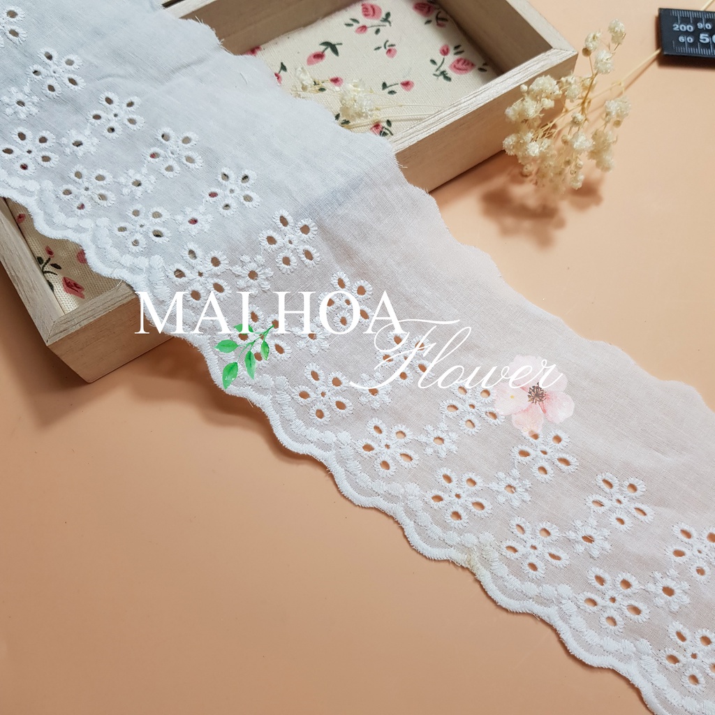 Dây ren cuộn thô boi B11 thêu hoa dùng may phần tay, cổ hoặc gấu váy áo, Maihoaflower