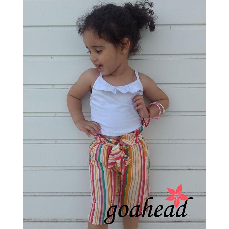 ☞❀❤♕GOAToddler Kids Baby Girl Clothes Sling Ruffle Tops + Rainbow Striped Pants with Knot-Bow Summer Outfits