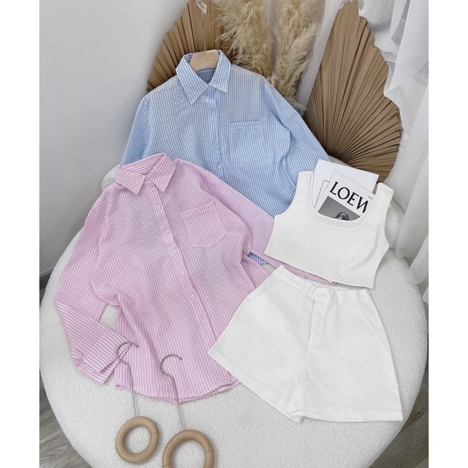SET 3 MÓN : ÁO SƠ MI SỌC + ÁO BA LỖ + QUẦN SHORT TRẮNG (TH)