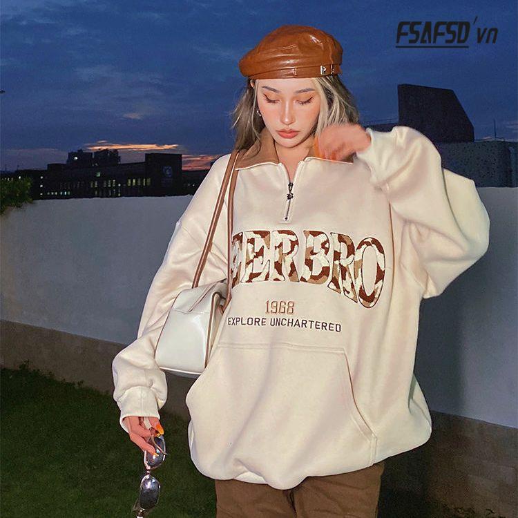 Áo Nỉ Có Khóa Kéo Cổ polo Cỡ Lớn Thêu Họa Tiết Màu Sắc Tương Phản Phong Cách Retro Mỹ Cho Nữ