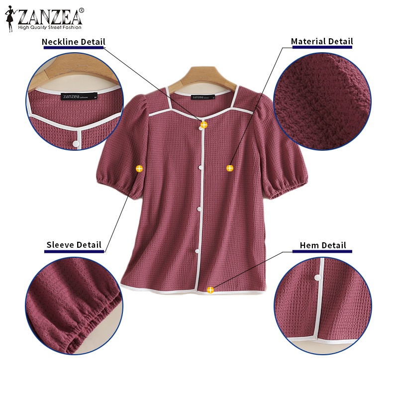 Áo kiểu ZANZEA ngắn tay cổ vuông phối nút thời trang Hàn Quốc cho nữ