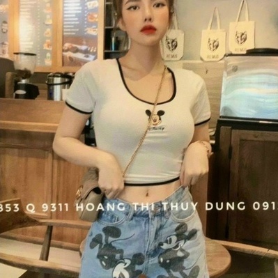 Áo kiểu croptop viền cổ màu in hình chuột hoạt hình cực hot , chất thun bozip mềm mịn co giãn