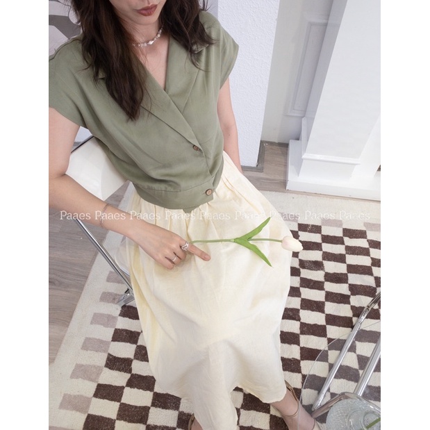 Áo gile cổ vest màu xanh rêu PAAES (ảnh thật)