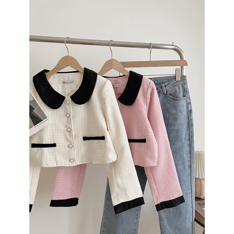 Áo dạ tweed nữ crotop Ulzzang dài tay cổ sen viền đen 2 lớp phong cách tiểu thư