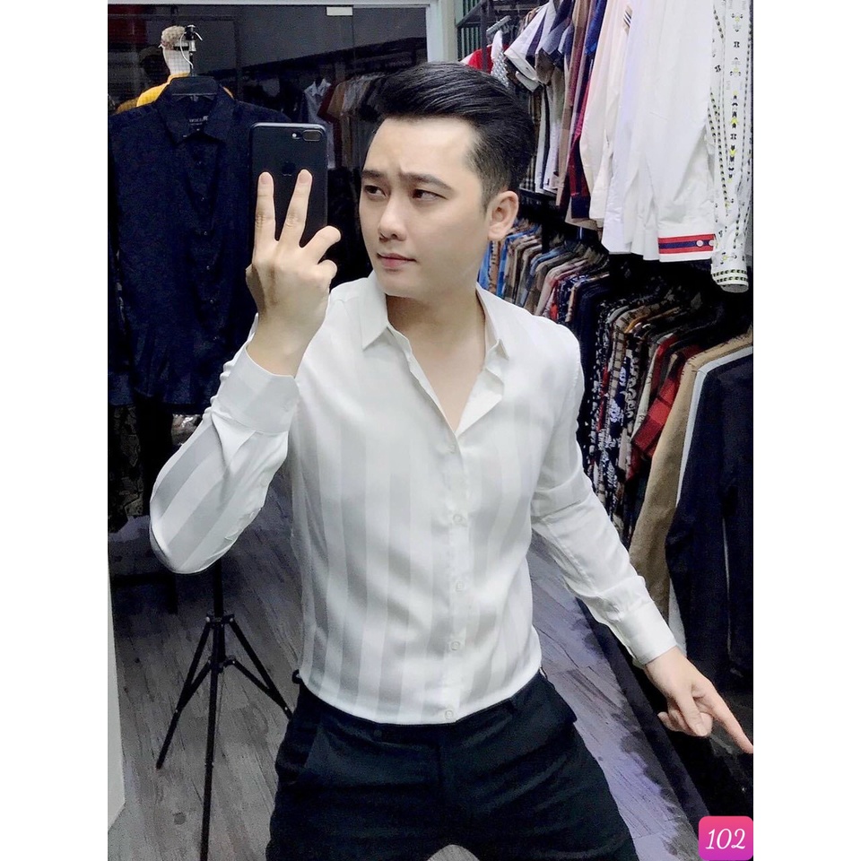 Áo Sơ mi nam cotton lụa cao cấp tay dài Trắng Sọc caro nhiều màu thời trang M216