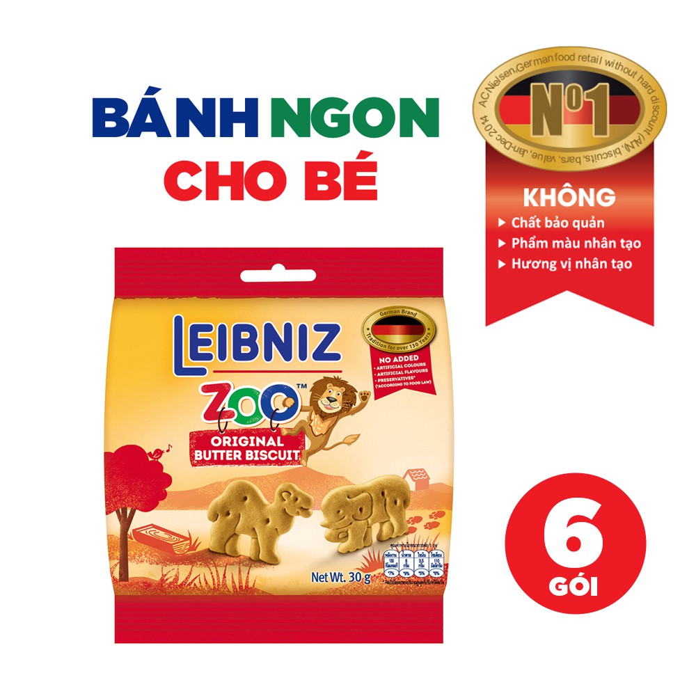 6 gói bánh qui bơ hình thú Leibniz Zoo Đức 30g, bánh nhỏ vừa miệng, nguyên liệu Châu Âu