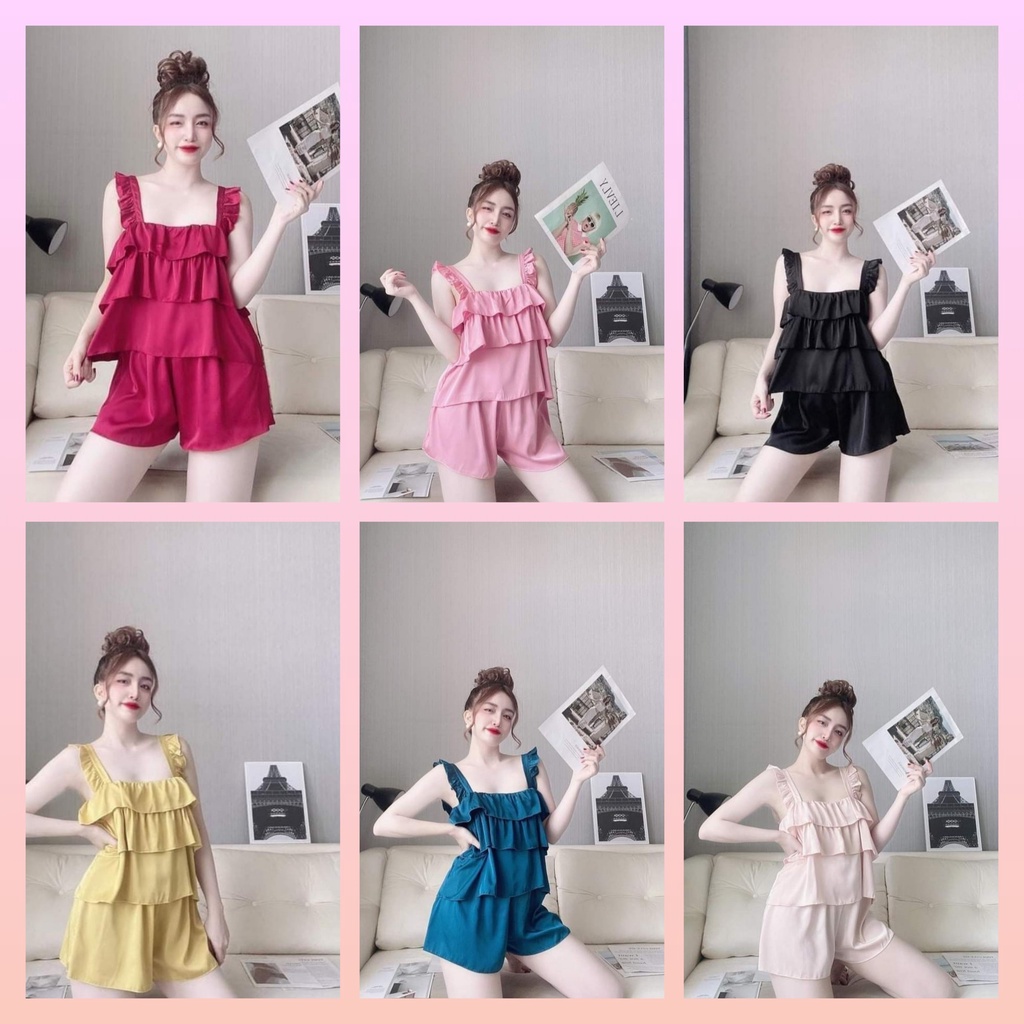 Đồ bộ quần áo ngủ 2 dây quần đùi nữ mặc nhà sexy,bộ đồ ngủ pijama ba tầng chất satin - CN47