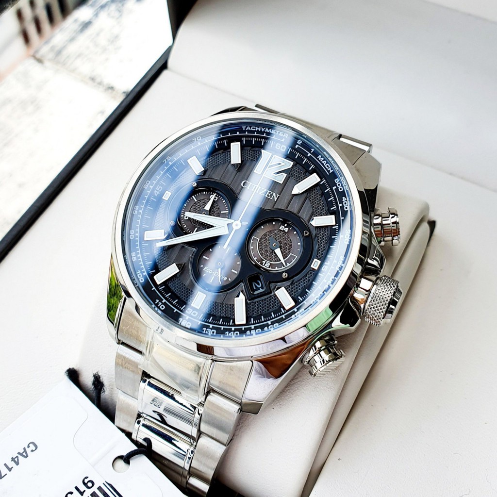 Đồng hồ Nam Citizen Eco Drive CA4170-51E Mặt nâu đen,Kim dạ quang,Lịch ngày-Năng lượng ánh sang-Dây kim loại-Size 43mm