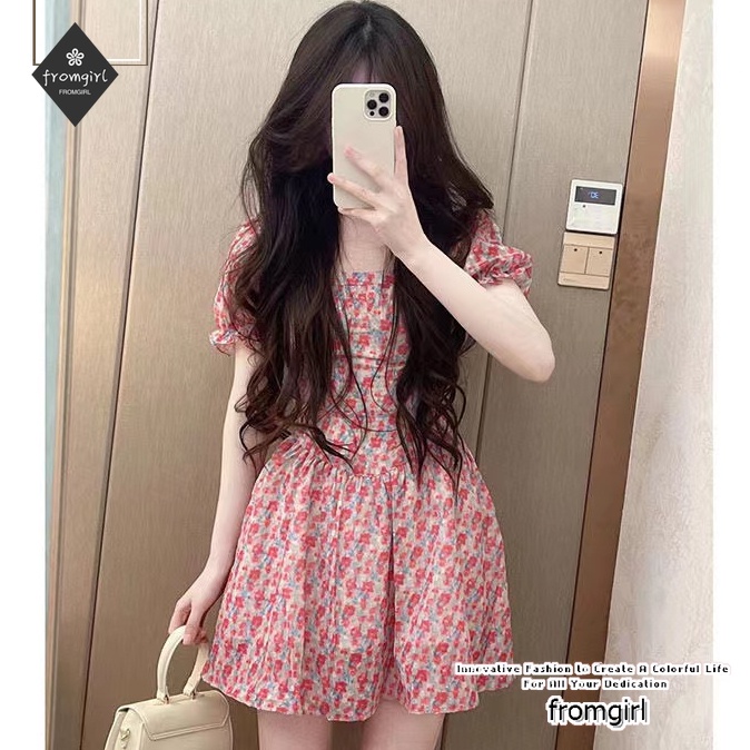 Đầm Tay Phồng Màu Trơn Họa Tiết Hoa Phong Cách Pháp Thời Trang Mùa Hè Cho Nữ