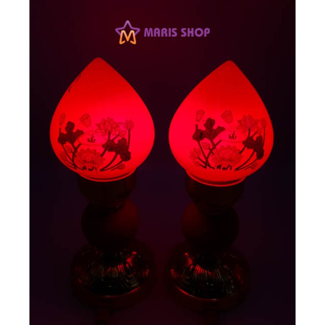 [MR-DA02] Đôi đèn thờ trái đào, Cặp đèn bàn thờ phật, Đèn để bàn thờ Quả Đào Thủy Tinh