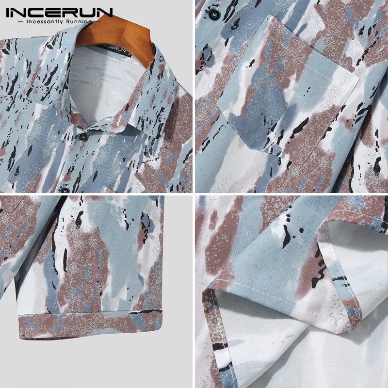 Áo sơ mi INCERUN cổ bẻ tay lỡ in họa tiết phong cách cổ điển cho nam