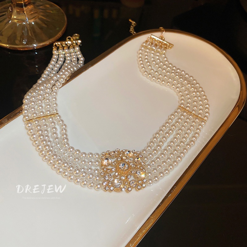 DREJEW Dây chuyền nhiều lớp đính ngọc trai và hoa thời trang cho nữ