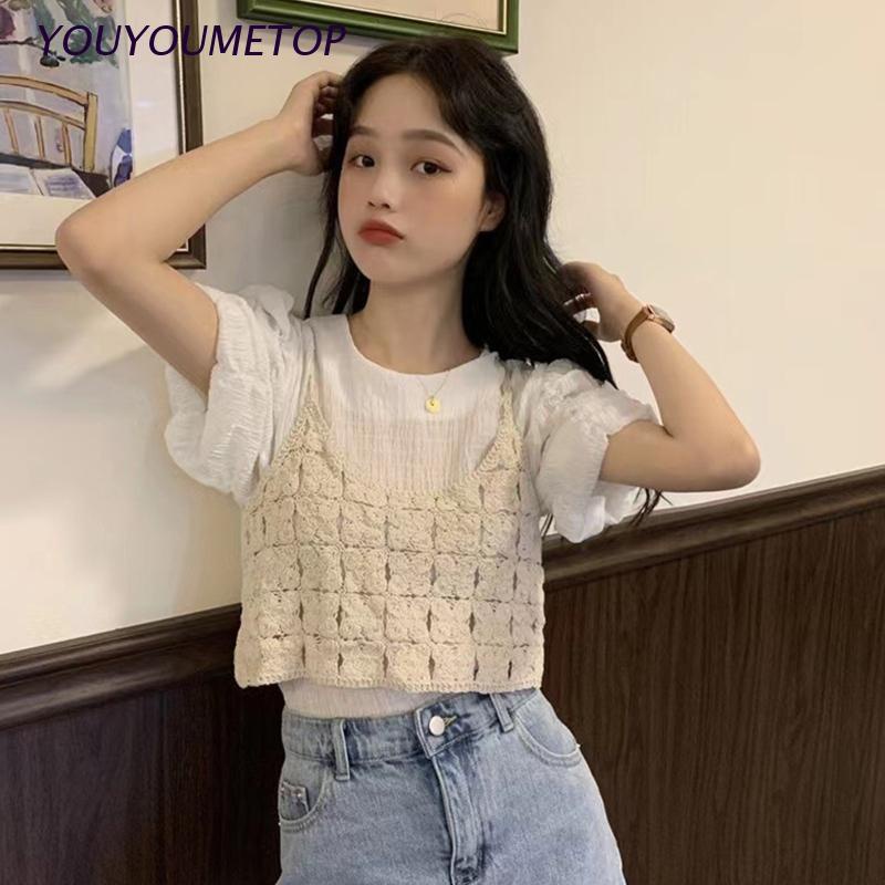 Áo kiểu croptop dệt kim khoét lỗ hai dây mảnh họa tiết kẻ ô hoa phong cách boho đi biển dành cho nữ