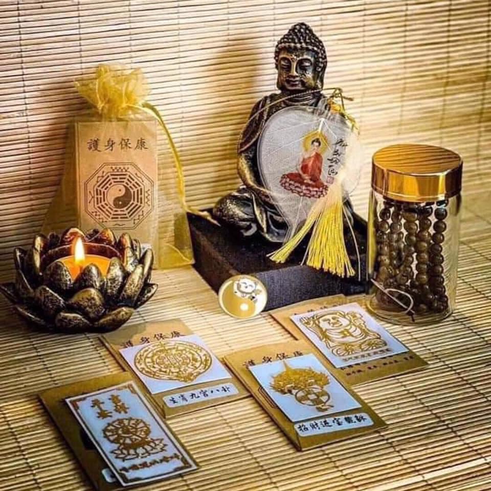Bộ 4 Linh Phù  Bình An - Hộ Thân + Thần Tài Cầm Búa + Chuyển Vận 12 Con giáp + Tiền Vào Như Nước