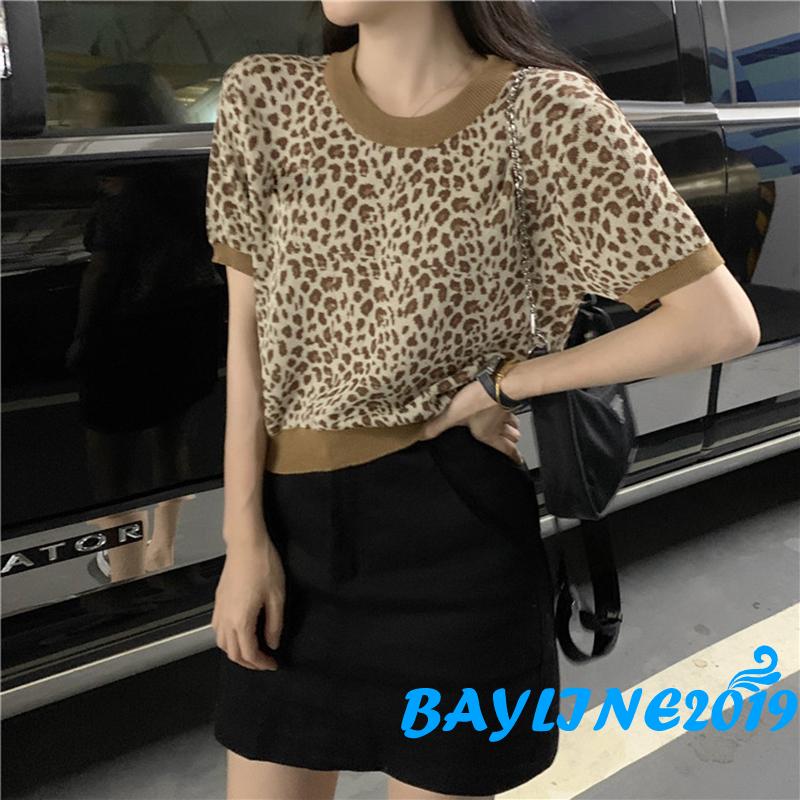 Áo Thun Nữ Ngắn Tay Họa Tiết Da Báo Màu Tím / Hồng / Kaki