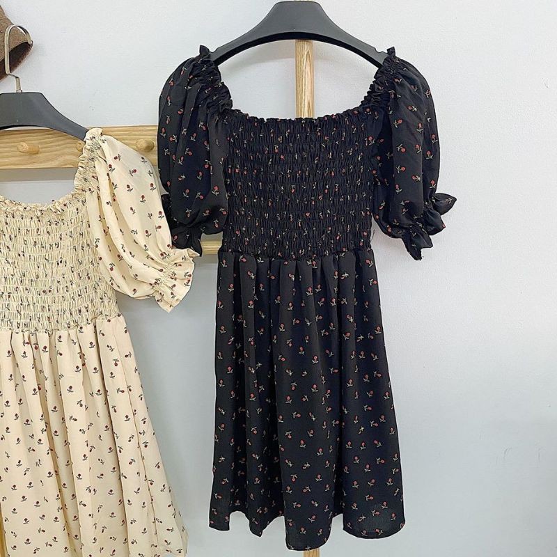 ĐẦM LỤA CỔ VUÔNG HỌA TIẾT HOA XINH DÀY DẶN [DRESS] ⚡Váy Hoa Nhí Nhún Ngực Hàn Quốc | BigBuy360 - bigbuy360.vn