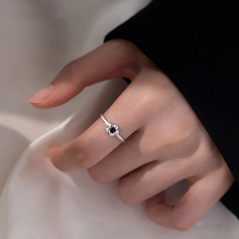 Nhẫn Hở Hình Hoa Đính Đá zircon Màu Đen / Bạc Tùy Chỉnh Phong Cách Hàn Quốc Thời Trang Cho Nam Và Nữ