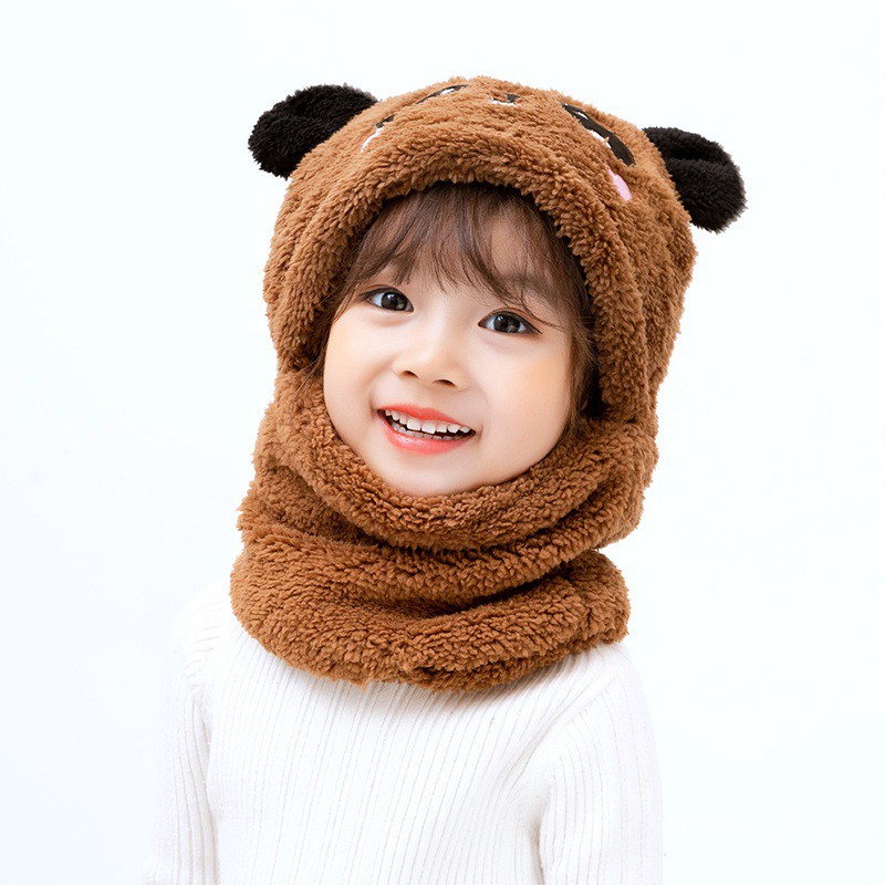 Mũ len trùm đầu tai gấu và tai thỏ liền khăn cổ giữ ấm chồng gió lạnh mùa đông cho bé