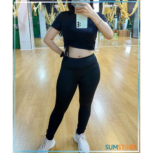 Áo Thun Thể Thao Cổ Tròn Crop Top Rút Eo Đen Siêu Xinh - Áo Thể Thao Nữ Mẫu Mới