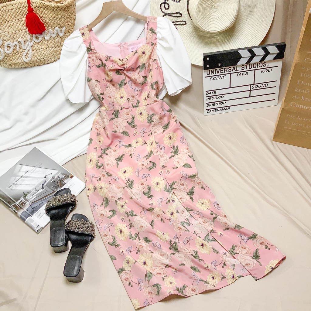 Đầm hoa hồng vintage MIMIX váy cổ u xẻ chân phối tay trắng đắp chéo dịu dàng AO3185 | BigBuy360 - bigbuy360.vn