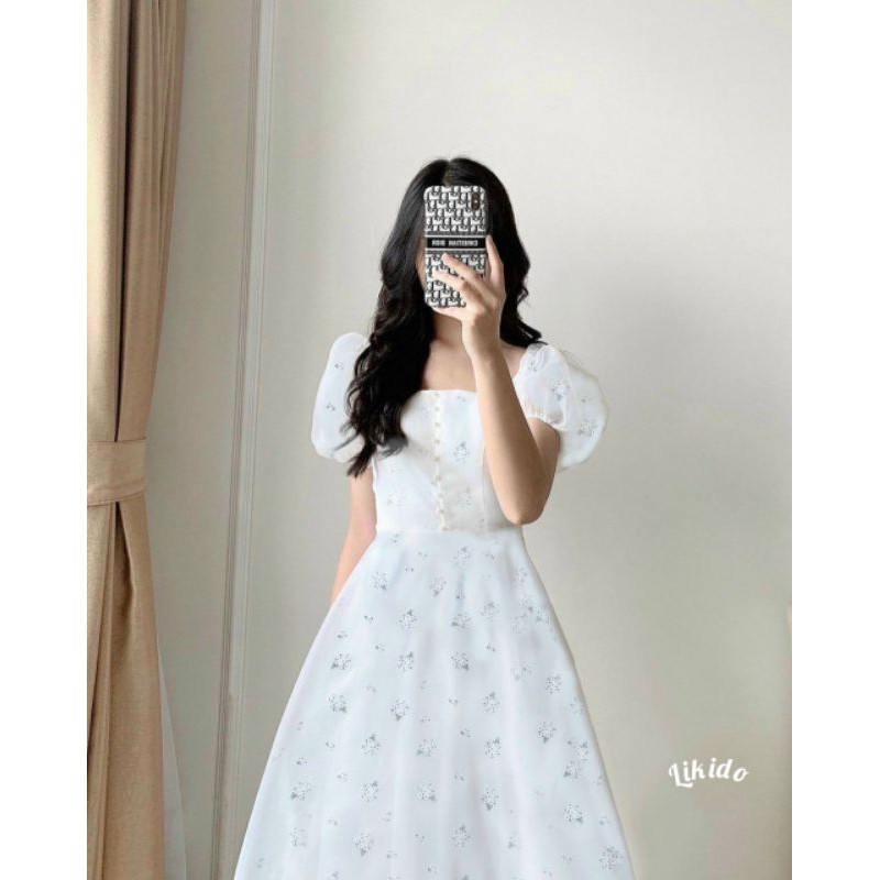 (Sẵn) Đầm đi tiệc midi voan hoa cổ vuông tay phồng nút bọc | BigBuy360 - bigbuy360.vn