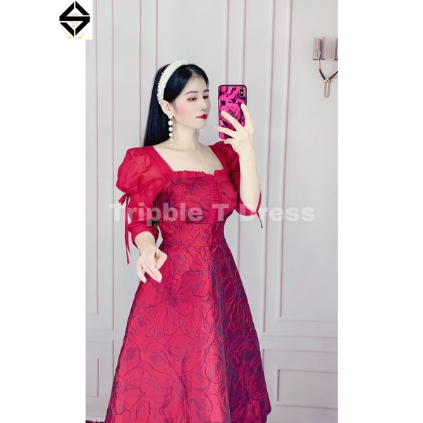 Đầm xoè dự tiệc gấm TRIPBLE T DRESS -size M/L(kèm ảnh thật/video thật)MS273V