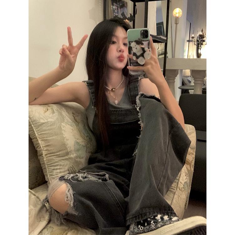 Jiashucheng Hàng Có Sẵn Quần Yếm Jean Rách Lưng Cao Dáng Ôm Phong Cách Mới Mùa Hè Dành Cho Bạn Nữ Fema