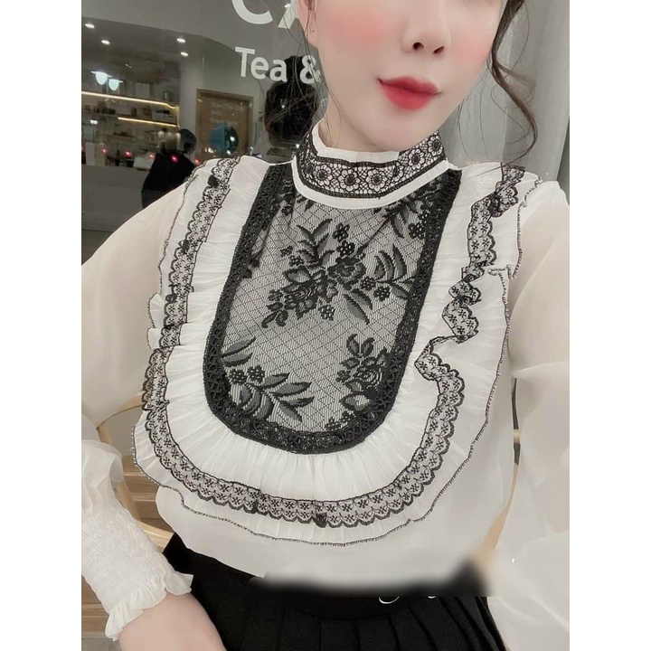 [ảnh thật-sẵn] Sơ mi phối ren viền bèo 2 màu