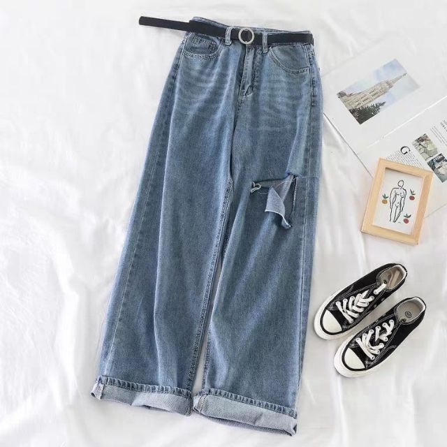 Quần baggy jeans boyfriend rách ô xẻ một bên lưng cao ống loe nhẹ Ulzzang kèm ảnh thật