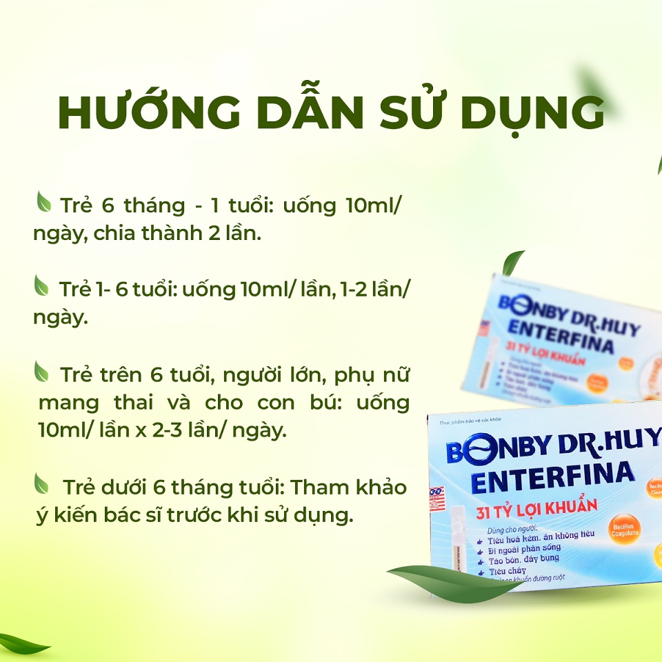 Men vi sinh Bonby Dr.Huy Enterfina bổ sung lợi khuẩn cải thiện hệ vi sinh đường ruột hộp 20 ống x 10ml - AN015