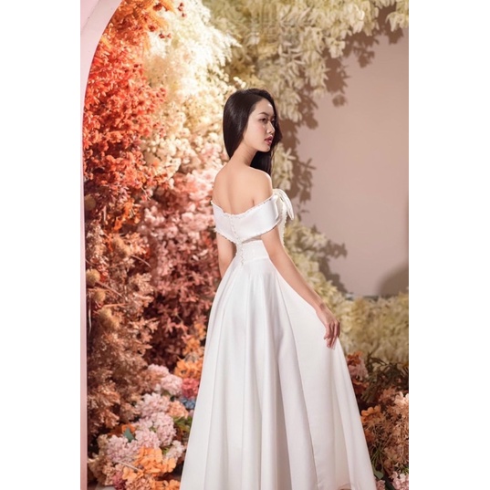 Đầm maxi mặc cưới bẹt vai nơ kết cườmTRIPBLE T DRESS đi bàn nhẹ nhàng - size M/L -MS416V