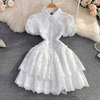 #1796 [Order] Đầm mùa hè retro tính khí siêu cổ tích ve áo đơn ngực màu trắng thêu tay áo một chữ bánh phụ nữ