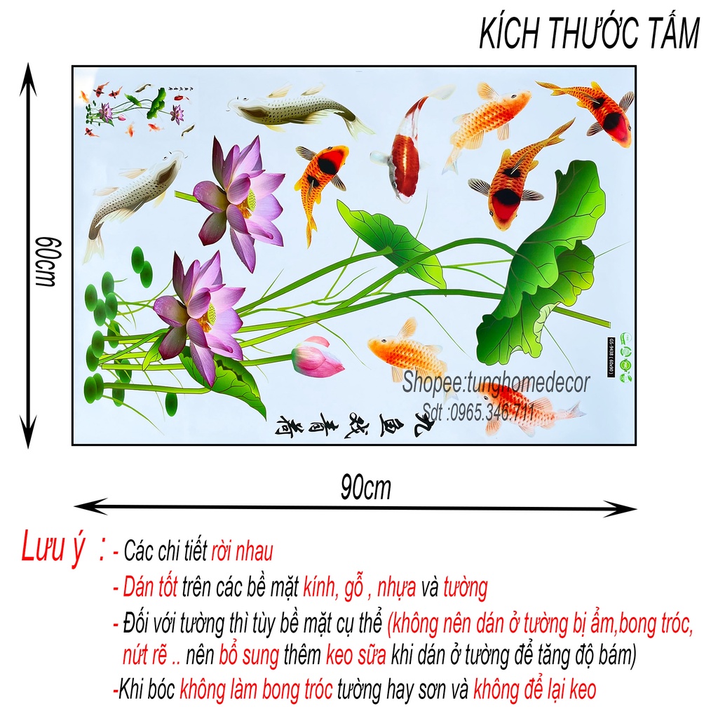 Decal dán tường hàn quốc trang trí phòng ngủ TUNG DECOR Hình Lá Hoa Sen KT 60x90cm