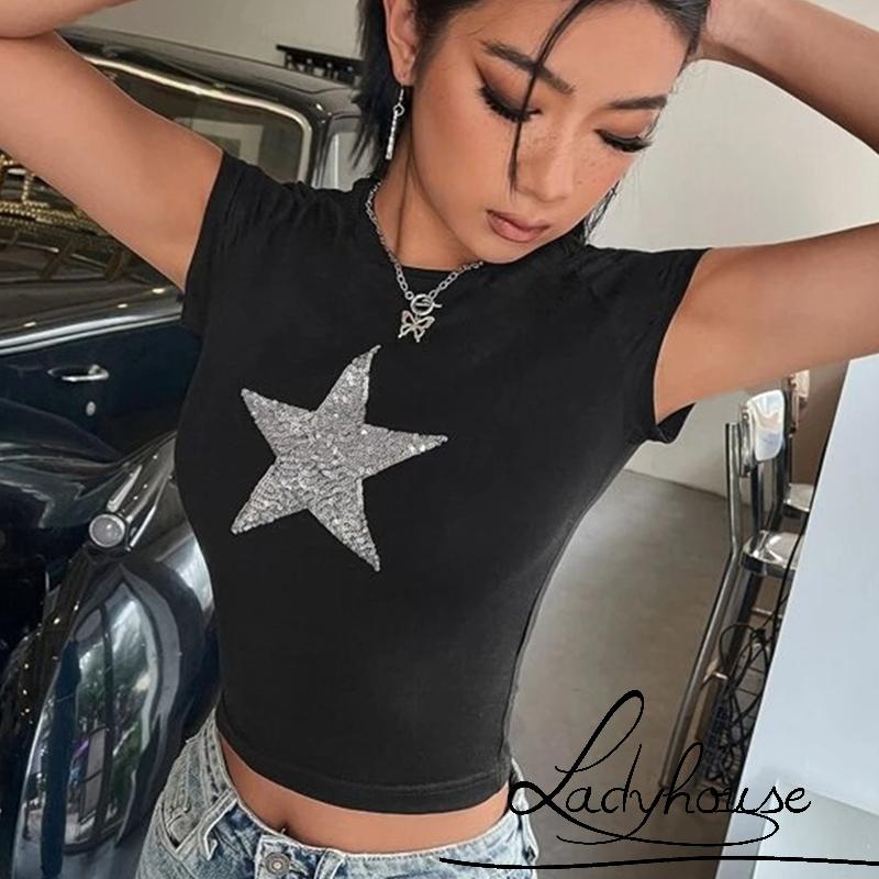 Áo Thun Croptop Tay Ngắn Cổ Tròn In Hình Ngôi Sao Đính Kim Sa Lấp Lánh Thời Trang Mùa Hè Cho Nữ