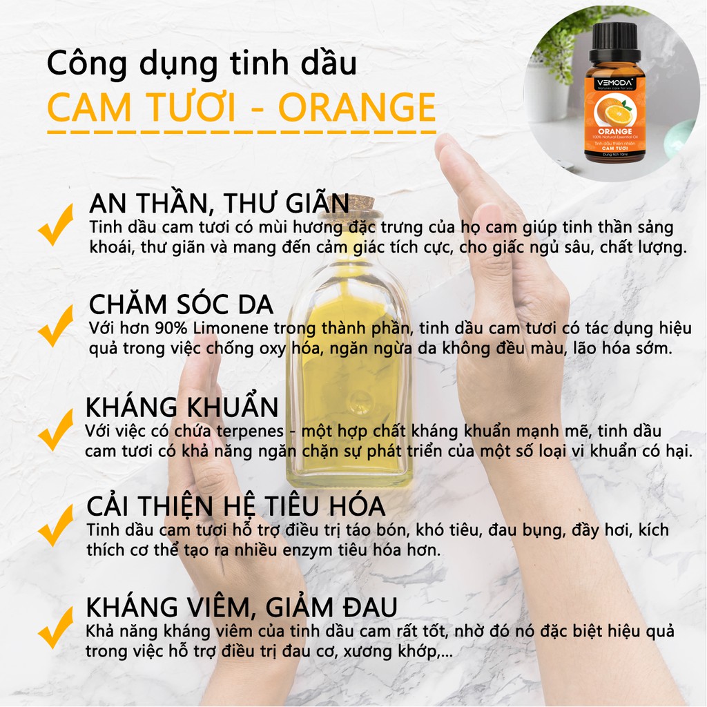 Tinh dầu xông phòng Vemoda cao cấp gồm: tinh dầu Sả chanh (10ml) + tinh dầu Vỏ quế (10ml) + tinh dầu