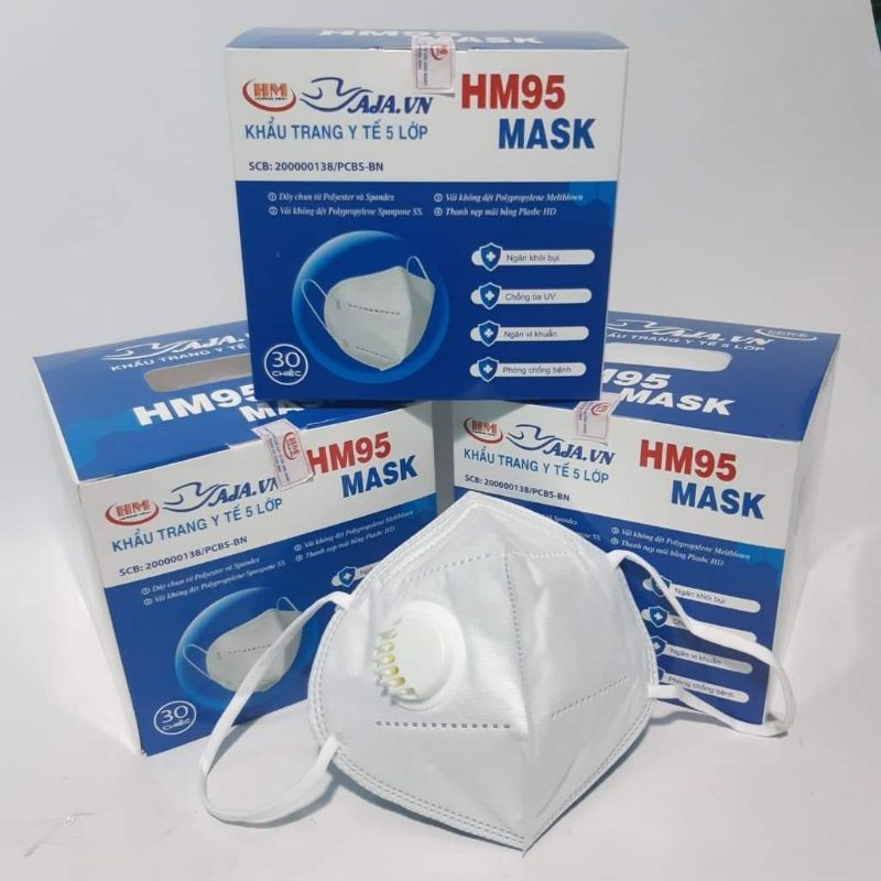 1 HỘP 25 CÁI Khẩu Trang N95 KHÔNG VAN/CÓ VAN HM95 Mask HOÀNG MINH 5 Lớp Màu Trắng Chống Bụi Mịn PM2.5, Có Nẹp Kim Loại