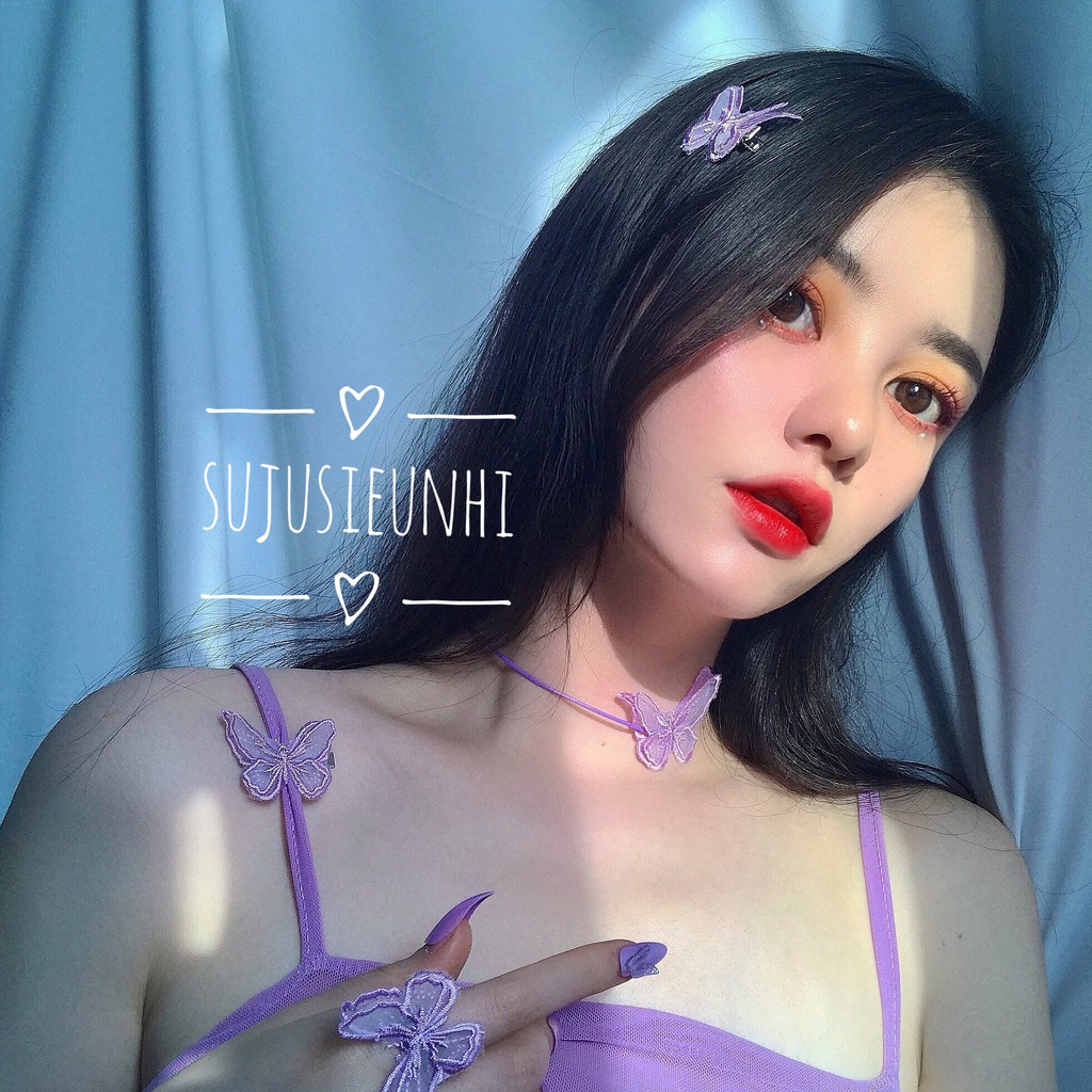 (4 màu) Set khuyên tai-choker-kẹp tóc-nhẫn bướm ren hai lớp