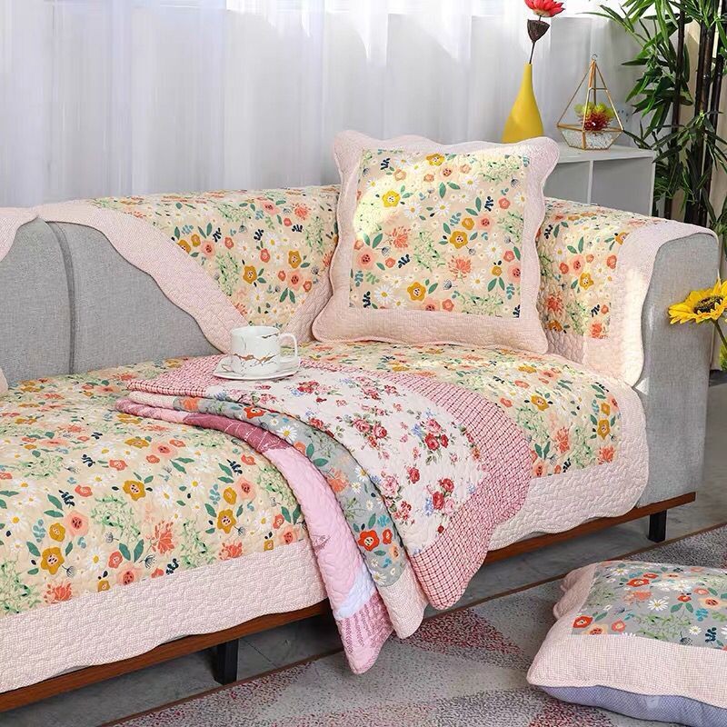 Thảm trang trí sofa, đặt may, thảm đa năng, 100% cotton, Hoa cỏ mùa xuân
