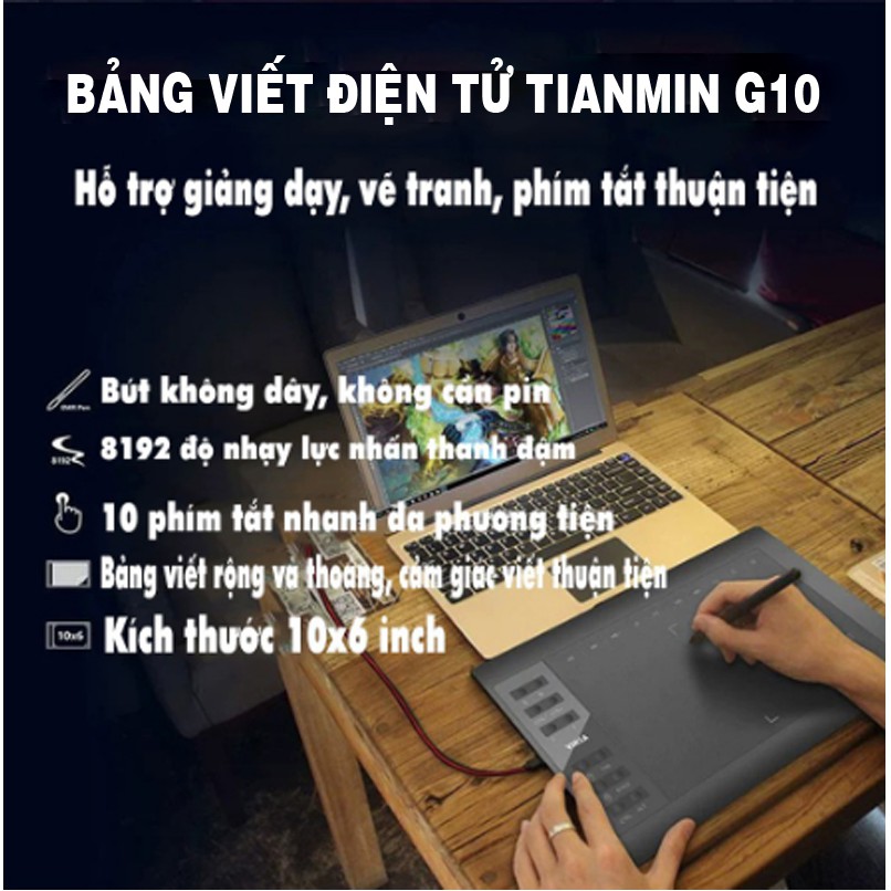Bảng điện tử Tianmin G10 2021 Chính hãng, 8192 Cấp độ lực, độ nhạy cao, màn hình 5080lpi - Dùng cho dậy và học online