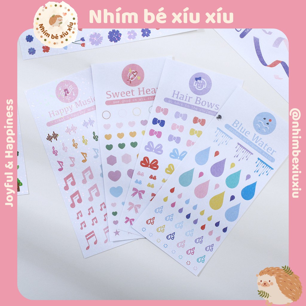 Sticker lấp lánh bling bling nhiều họa tiết ruy băng, trái tim, nốt nhạc, hoa lá VT74