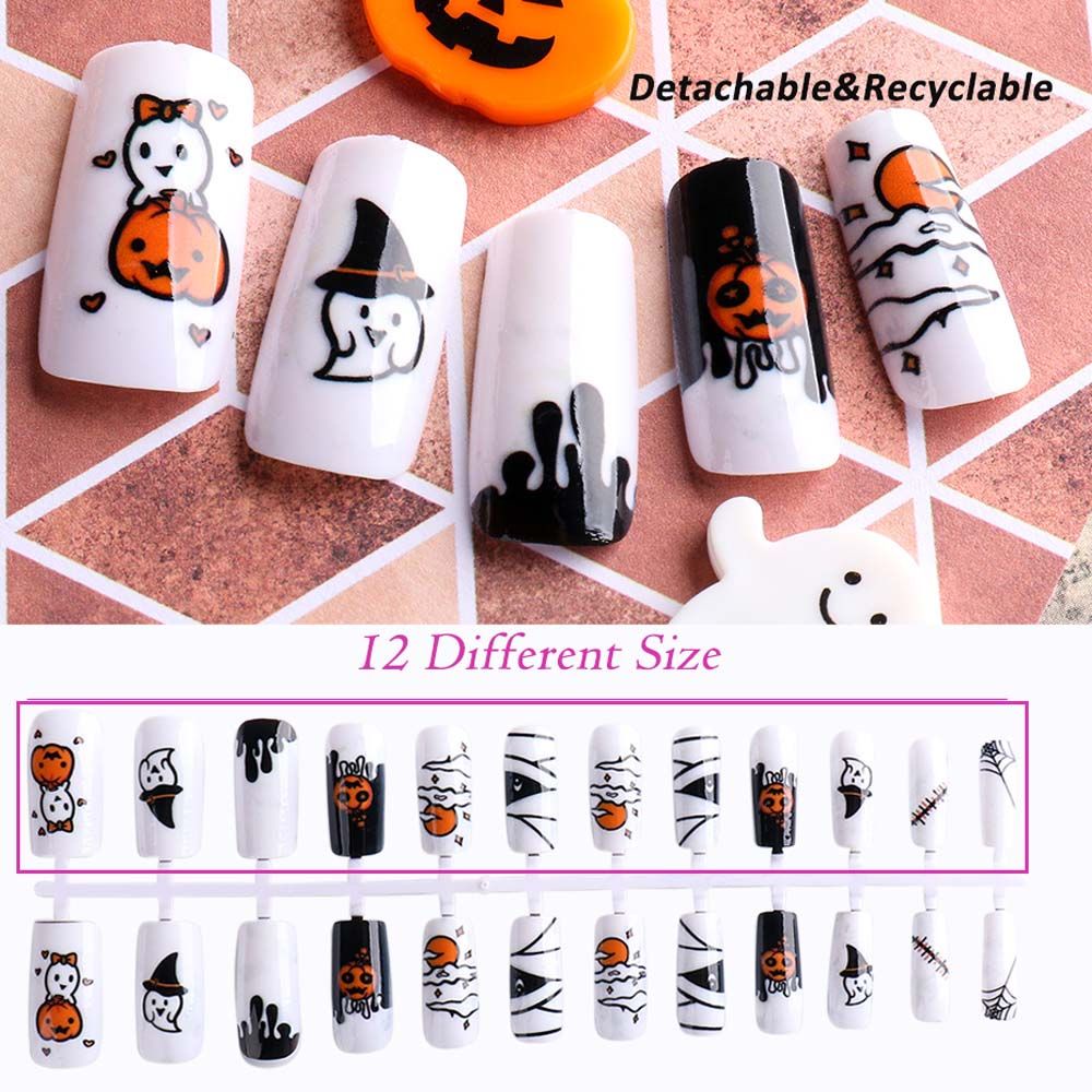 Bộ móng tay giả dáng dài che hết móng tự nhiên họa tiết nhện/bí ngô Halloween trang trí móng tay nghệ thuật