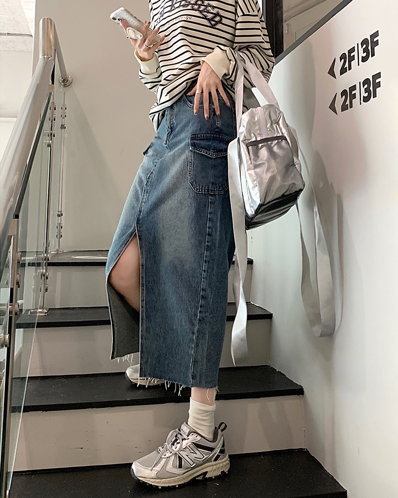Chân Váy Denim Chữ A Lưng Cao Xẻ Tà Phong Cách Mới 56455